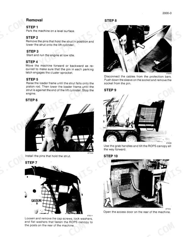 Case 1825 Uni-Loader service manual procedures for ROPS canopy removal and rear access door opening steps 1-10.
