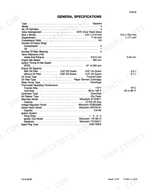 Case 1825 Uni-Loader engine general specifications table including bore, stroke, oil capacity, and ignition details.