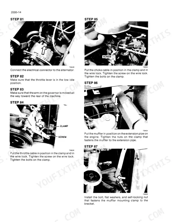 Case 1825 Uni-Loader service manual steps for installing alternator, choke cable, throttle cable, and muffler assembly.