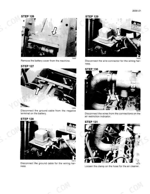 Case 1825 Uni-Loader service manual steps for battery removal, wiring harness disconnection, and air cleaner hose removal.