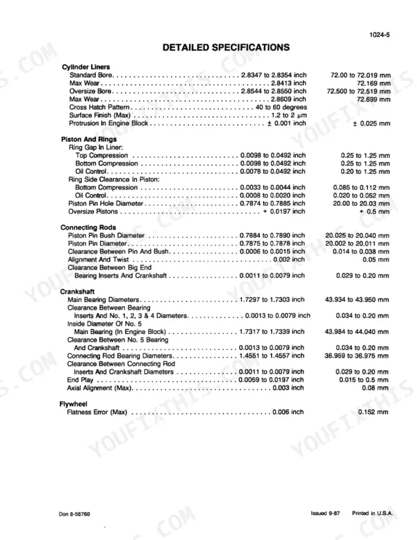 Case 1825 Uni-Loader engine detailed specifications table for cylinder liners, pistons, rings, connecting rods, crankshaft, and flywheel.