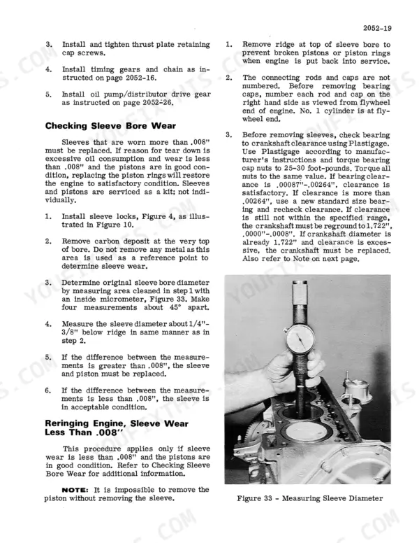 Case 1830, 1830 Uni-Loader service manual page for checking engine sleeve bore wear and measuring sleeve diameter.