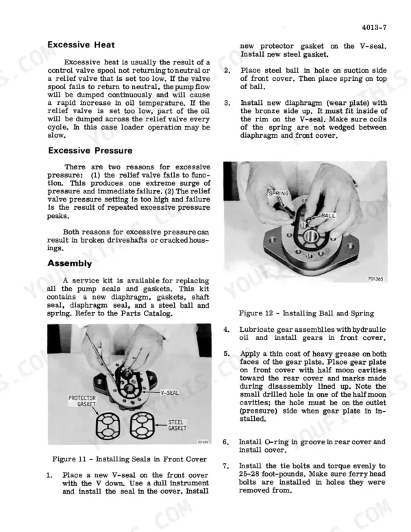 Case 1830, 1830 Uni-Loader hydraulic pump assembly procedures, seal installation, and troubleshooting excessive heat/pressure.