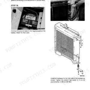 Case 1840 SKID STEER, 1845C Uni-Loader battery connection and radiator installation procedures with exploded view diagram.