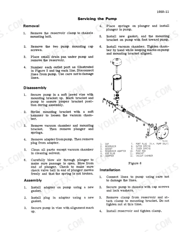 Case 1845 Uni-Loader service manual page showing pump removal, disassembly, assembly, and installation procedures with exploded view.