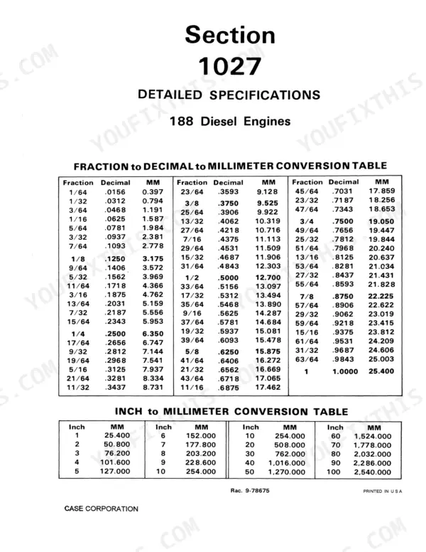 Case 1845 Uni-Loader 188 diesel engine fraction, decimal, and millimeter conversion tables for service specifications.