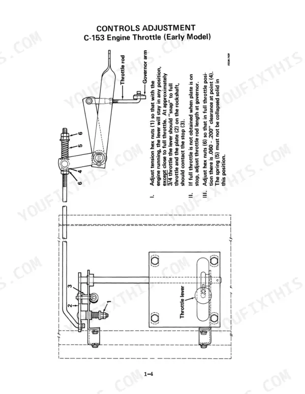 Case 210, 225, 230, 275, 375 C-153 engine throttle control adjustment procedure and linkage diagram.