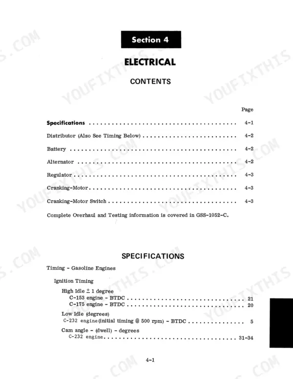 Case 210, 225, 230, 275, 375 Electrical Section 4 table of contents and gasoline engine ignition timing specifications.
