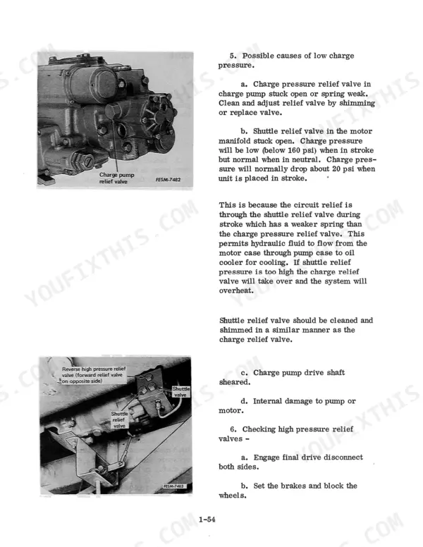 Case 210, 225, 230, 275, 375 troubleshooting low charge pressure, charge pump, and shuttle relief valve diagrams.