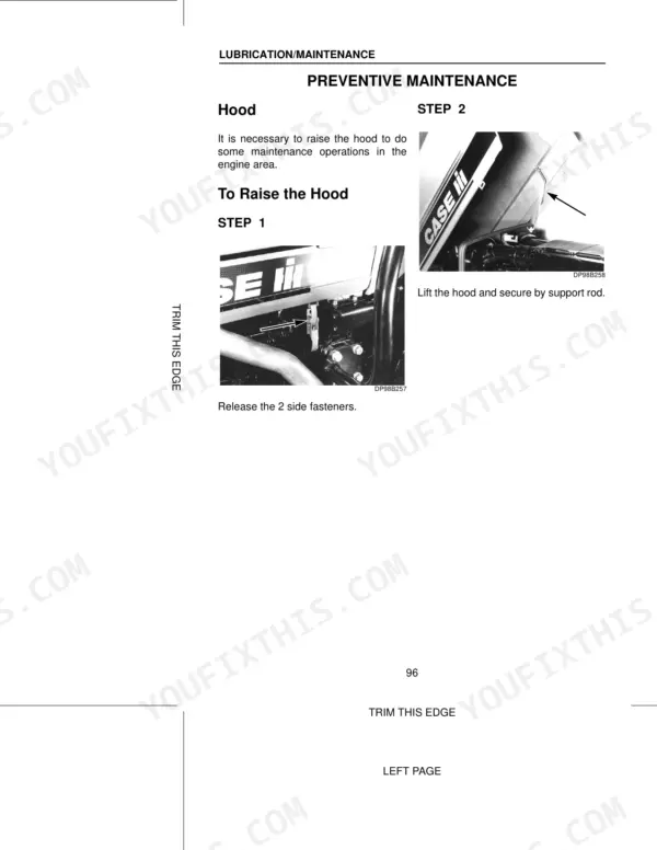 Case 2120-2150 Pro Tractors: Preventive maintenance procedure for raising the tractor hood, releasing side fasteners, and using support rod.