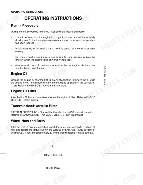 Case 2120, 2130, 2140, 2150 Pro Tractors operating instructions for engine run-in, oil, filter changes, and wheel bolt torque.