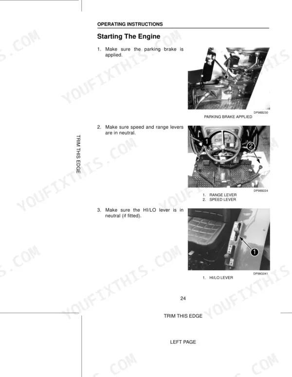 Case 2120-2150 Pro Tractors: Engine starting procedure showing parking brake, range, speed, and HI/LO lever positions.