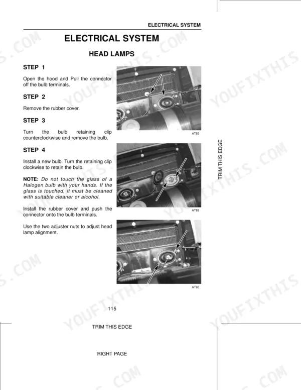 Case 2120-2150 Pro Tractors: Head lamp bulb replacement procedure with step-by-step photos and alignment instructions.