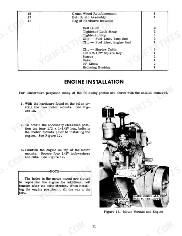 Case 220 Baler, Wisconsin THD Engine, 220 Bale Launcher: Engine installation procedure and hardware parts list table.
