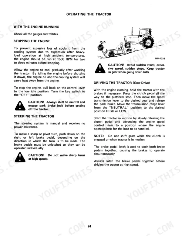 Case 234, 234-Hydro operator manual page covering engine stopping, steering, and gear drive tractor operation procedures.