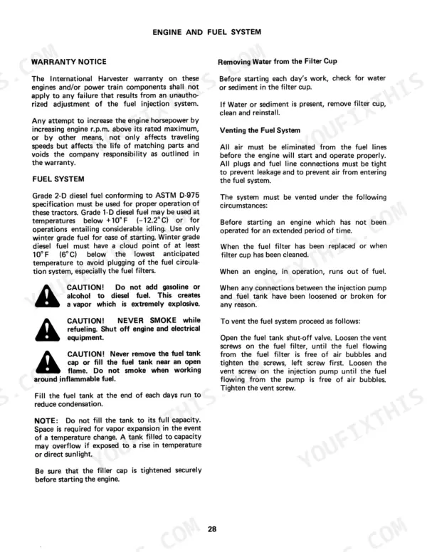 Case 234, 234-Hydro engine and fuel system maintenance procedures, including venting fuel lines and filter cup cleaning.