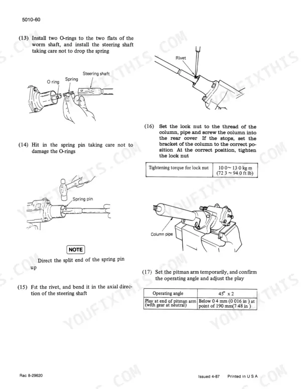 Case 245, 255, 245-4WD, 255-4WD steering shaft assembly, spring pin installation, and pitman arm adjustment procedures.