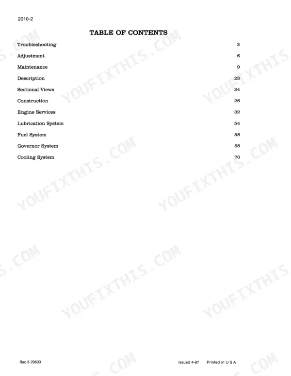 Case 245, 255, 245-4WD, 255-4WD service manual table of contents listing engine, fuel, and cooling system sections.