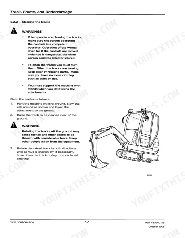 Case 28, 31, 35 service manual page showing safety warnings and procedure for cleaning the excavator tracks.