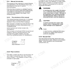 Case 28, 31, 35 service manual general information page explaining manual structure, highlight symbols, and page numbering.