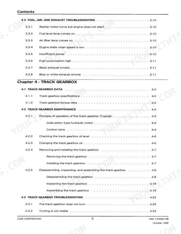 Case 28, 31, 35 service manual table of contents for fuel, air, exhaust troubleshooting and track gearbox maintenance.