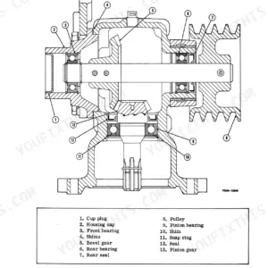 Case 3104, 3105, 3106, International 3104, 3105, 3106 Rotary Mowers reassembly diagram showing bevel and pinion gear assembly.