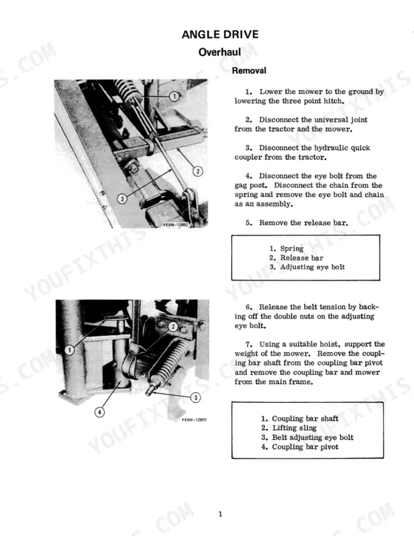 Case 3104, 3105, 3106, International 3104, 3105, 3106 Rotary Mowers angle drive overhaul and removal procedure steps.
