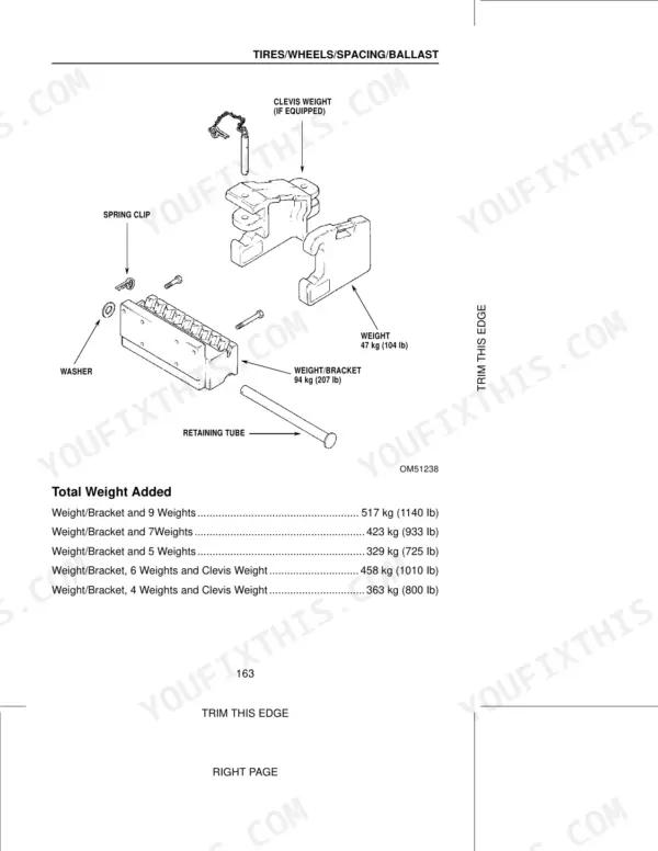 Case 3210, 3220, 3230, 4210, 4220, 4230, 4240 exploded view of tractor front weight bracket, retaining tube, and ballast table.