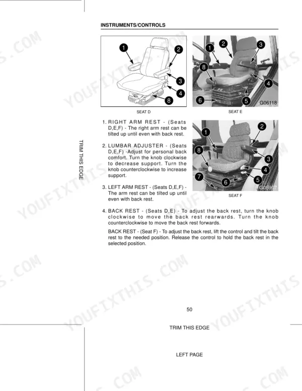 Case 3210, 3220, 3230, 4210, 4220, 4230, 4240 operator manual seat adjustment controls for seats D, E, and F.