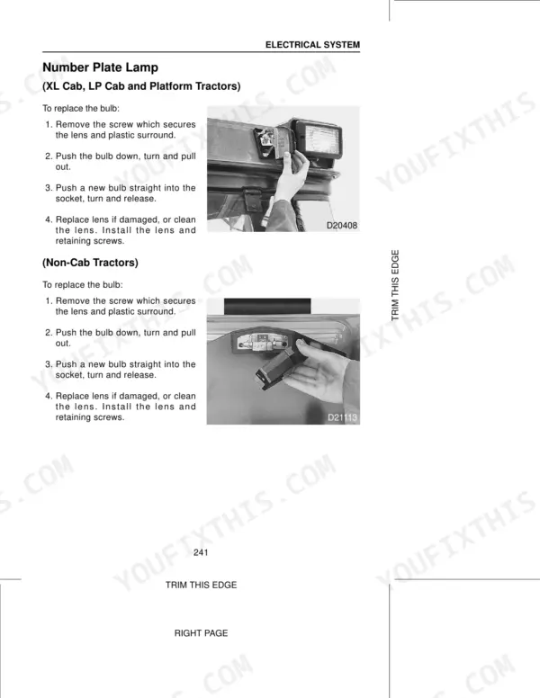 Case 3210, 3220, 3230, 4210, 4220, 4230, 4240 electrical system manual page showing number plate lamp bulb replacement.