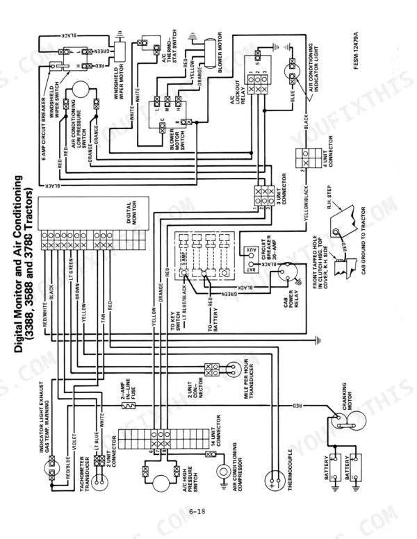 Case 3388, 3588, 3788, 6388, 6588, 6788, 6788 Tractors wiring diagram for digital monitor and air conditioning system.