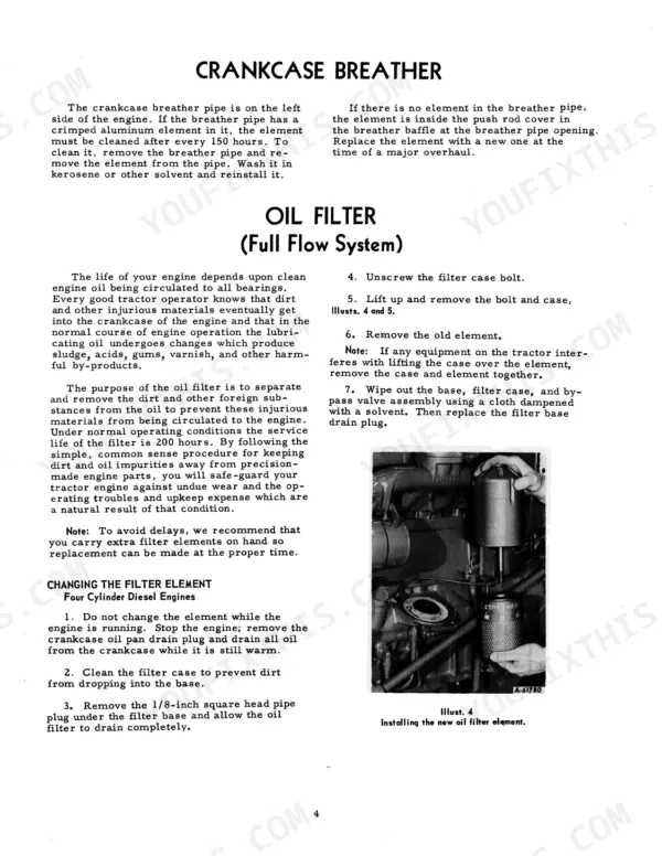 Case 340, 460, 560, 660 Diesel Tractors: Crankcase breather maintenance and oil filter element replacement procedures.