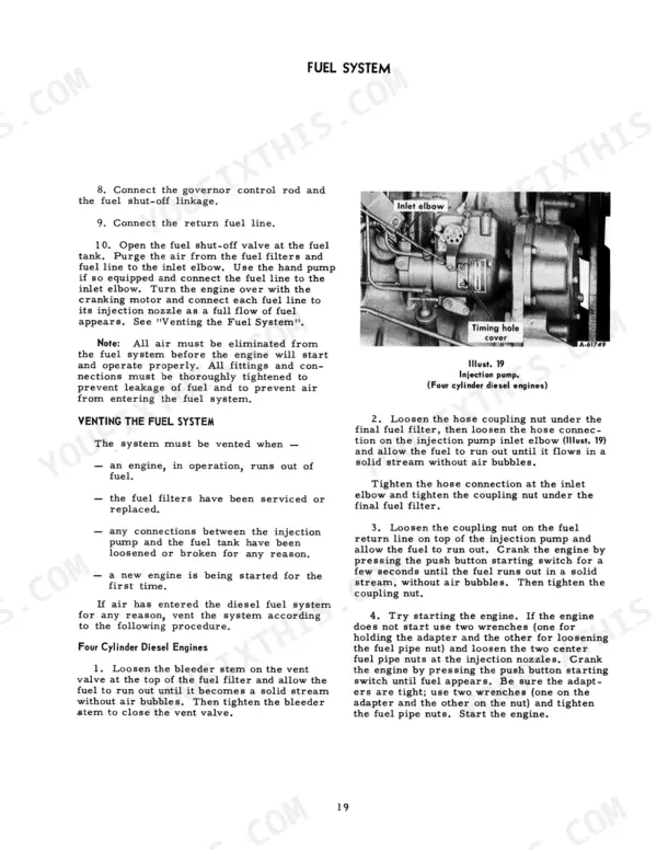 Case 340, 460, 560, 660, Farmall 340 Diesel, International 340 Diesel Tractors: Fuel system venting procedures and injection pump diagram.