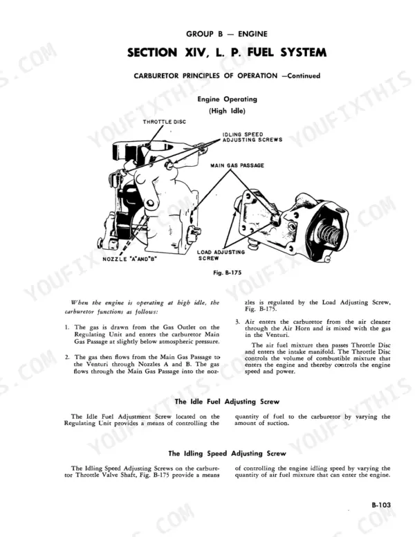 Case 350, 500B, 600B LP fuel system diagram showing carburetor high idle operation and adjustment screw locations.