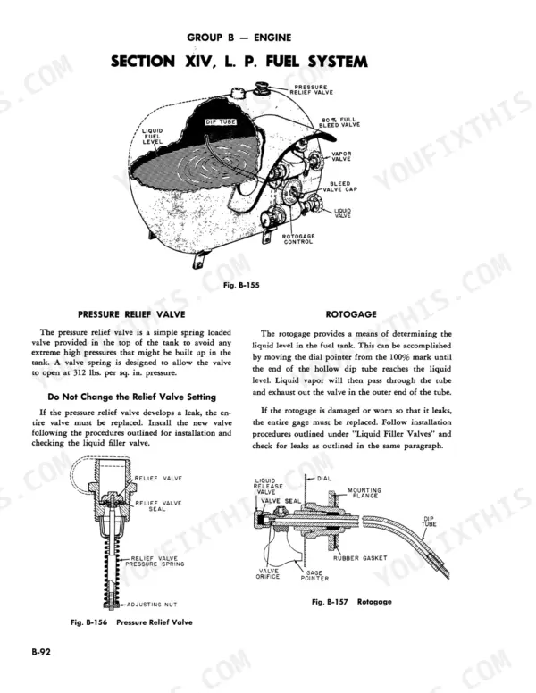 Case 350, 500B, 600B LP fuel system diagrams showing pressure relief valve, rotogage components, and tank assembly.