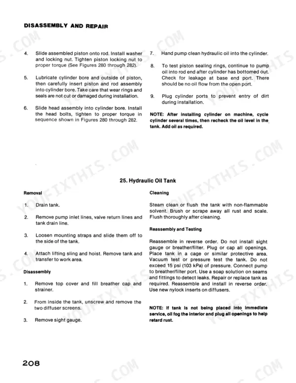 Case 40 Crawler Series D hydraulic cylinder repair procedures and hydraulic oil tank removal, cleaning, and testing steps.