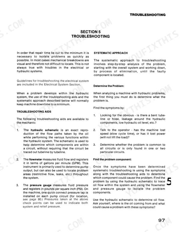Case 40 Crawler Series D troubleshooting guide for hydraulic systems, covering systematic approach, flowmeters, and gauges.