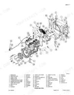 Case 40XT exploded view diagram of engine mounting, radiator, cooling fan, and throttle rod components with parts list.
