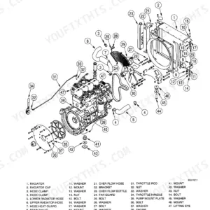Case 40XT exploded view diagram of engine mounting, radiator, cooling fan, and throttle rod components with parts list.