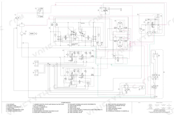 Case 40XT hydraulic schematic diagram showing pumps, drive motors, control valves, and lift cylinders with component list.