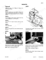 Case 40XT service manual radiator removal procedure steps with engine coolant drain valve and radiator cap diagrams.