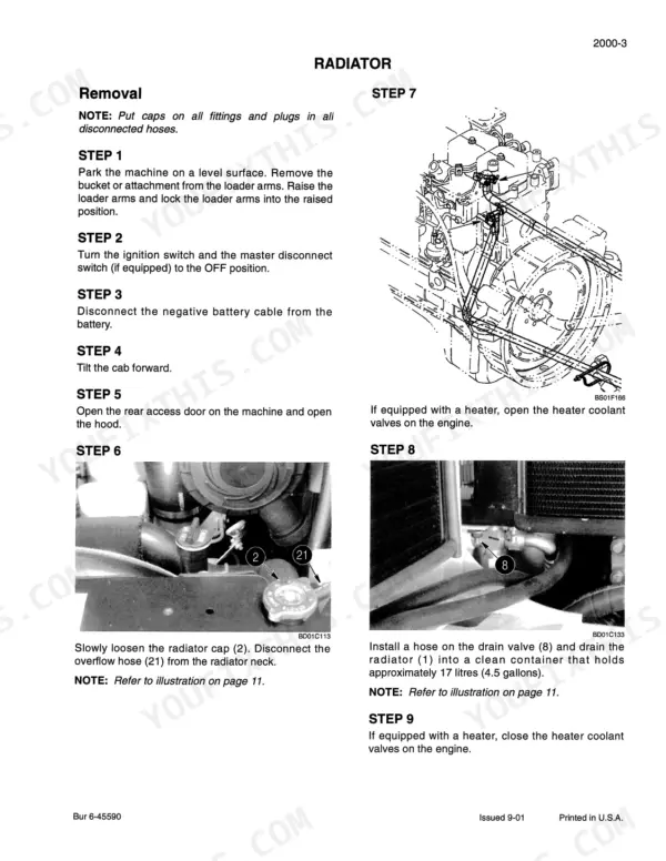Case 40XT service manual radiator removal procedure steps with engine coolant drain valve and radiator cap diagrams.
