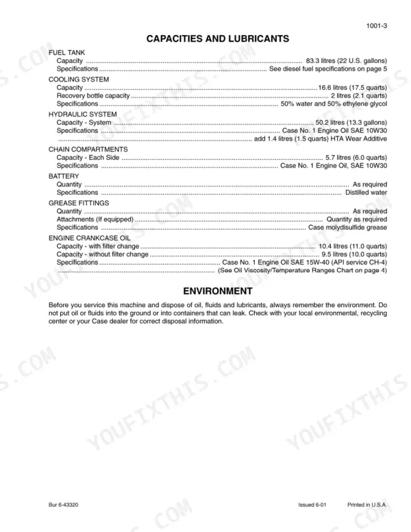 Case 40XT service manual table listing fluid capacities, lubricant specifications, and environmental disposal guidelines.