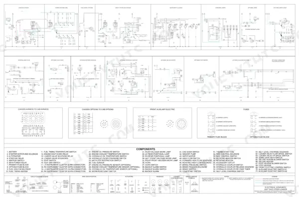 Case 40XT electrical schematic showing wiring diagrams, fuse blocks, harness connectors, and component identification list.