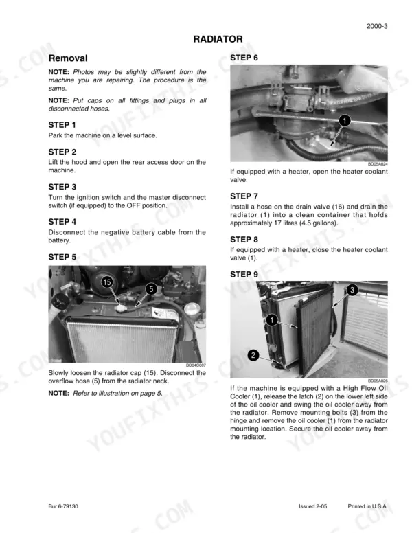 Case 410, 420, 420CT radiator removal procedure steps with photos of coolant valve, radiator cap, and oil cooler latch.