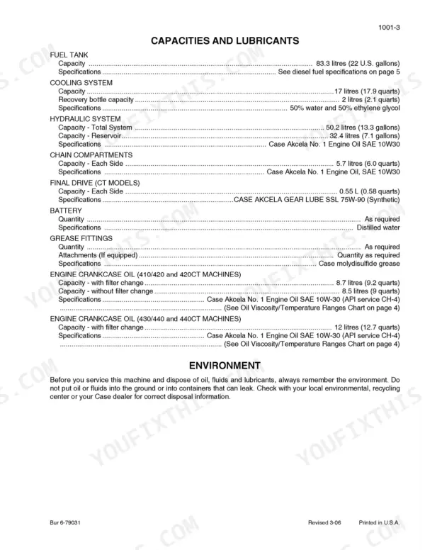 Case 410, 420, 420CT service manual table listing fluid capacities, lubricant specifications, and oil requirements.