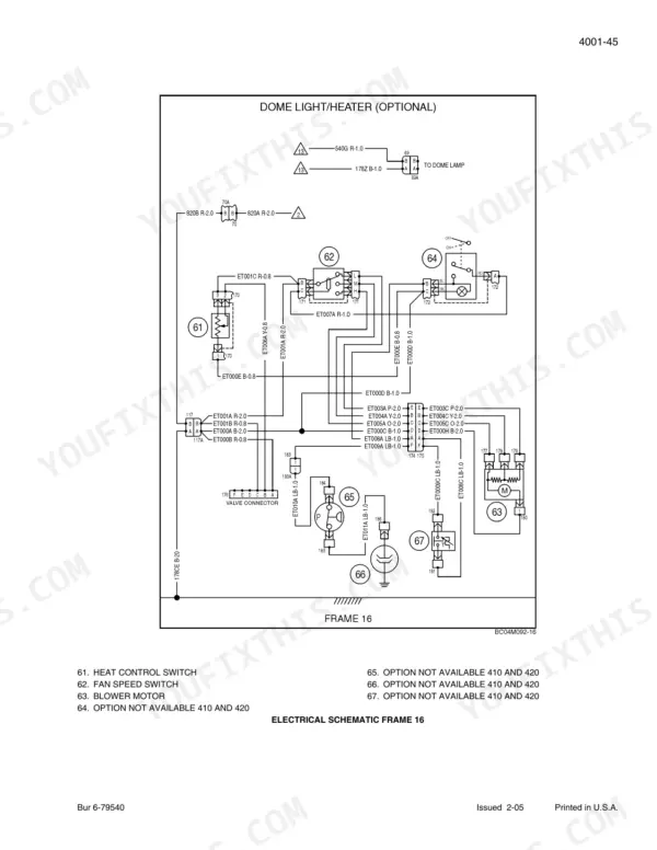 Case 410, 420, 420CT electrical schematic for dome light, heater, blower motor, and fan speed switch, Frame 16.