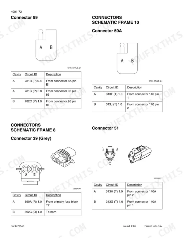 Case 410, 420, 420CT wiring schematic showing connector 99, 50A, 39, and 51 pinout diagrams and circuit ID tables.