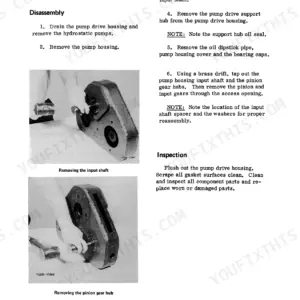 Case 4120-4155 Loader service manual: pump drive housing disassembly, input shaft and pinion gear hub removal procedures.