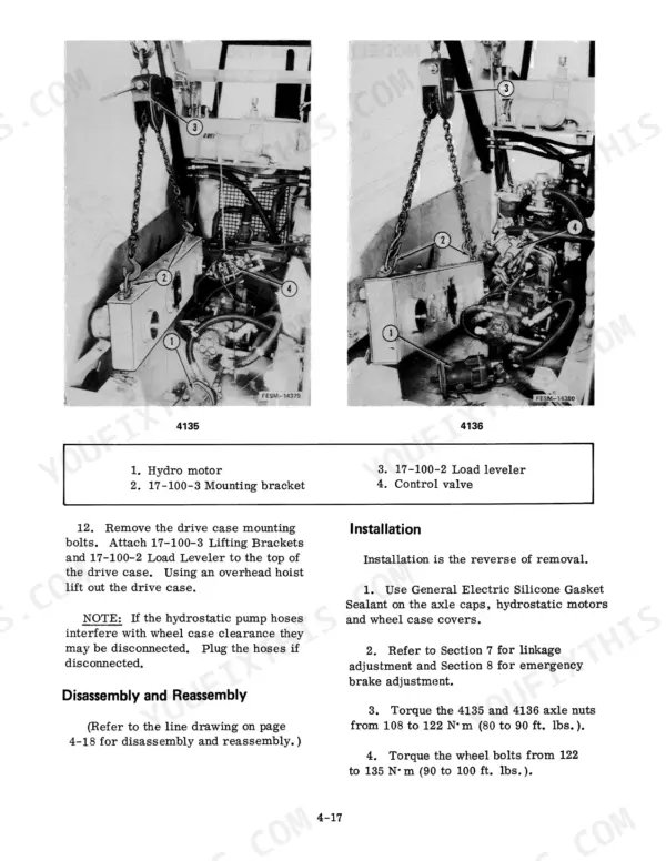 Case 4135, 4136 Loader drive case removal and installation procedure with lifting bracket and load leveler diagrams.